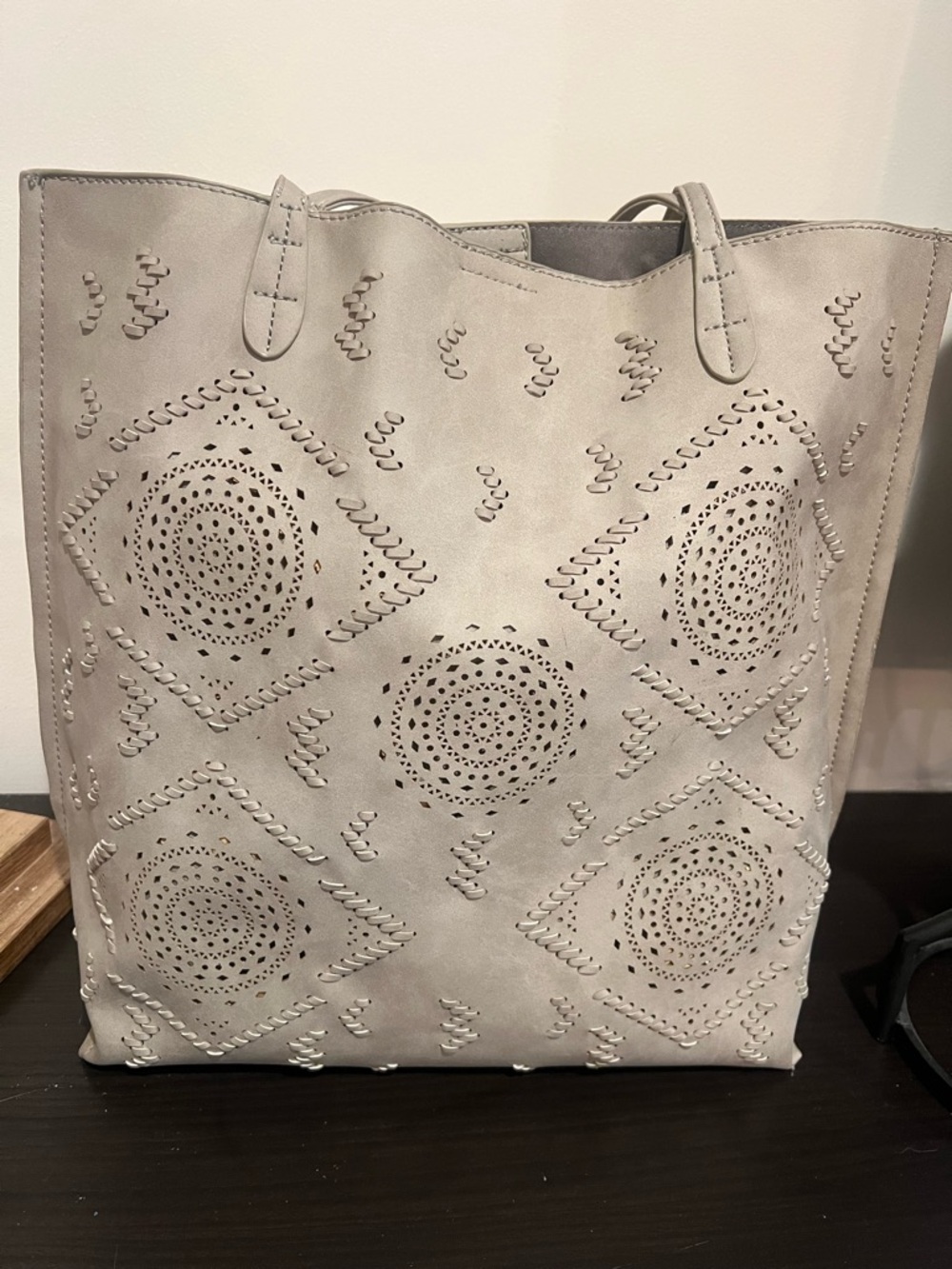 Street Level Laser-Cut Faux suede Tote Bag in Light Grey  NEW